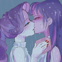 Size: 1999x1999 | Tagged: safe, artist:yam, rarity, twilight sparkle, equestria girls, blushing, female, kissing, lesbian, rain, rarilight, shipping