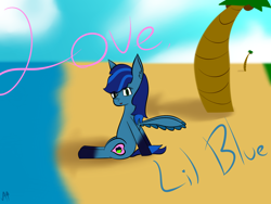 Size: 2048x1536 | Tagged: safe, artist:azuresartden, oc, oc only, oc:lil blue, beach, palm tree, postcard, sand, sitting, solo, text, tree, water