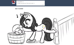 Size: 1405x867 | Tagged: safe, artist:nimaru, oc, oc only, oc:butterscotch (nimaru), oc:luau, earth pony, pony, ask, female, filly, mare, monochrome, mother and child, mother and daughter, multitasking, parent and child, soap, tub, tumblr