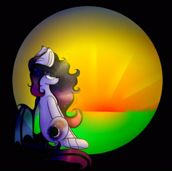 Size: 2035x2018 | Tagged: safe, artist:creadorachan, oc, oc only, oc:evening eclipse, bat pony, pony, female, high res, mare, sitting, solo, sunrise