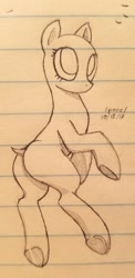 Size: 621x1273 | Tagged: safe, artist:swegmeiser, oc, oc only, 8chan, cute, female, floating, lined paper, looking up, mare, monochrome, no mane, no mouth, no tail, notebook, nudity, pencil drawing, solo, time stamp, traditional art, underhoof, wide eyes