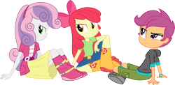 Size: 6163x3001 | Tagged: safe, artist:cloudyglow, apple bloom, scootaloo, sweetie belle, equestria girls, rainbow rocks, .ai available, apple bloom's bow, belt, boots, bow, clothes, cutie mark crusaders, denim, hair bow, hoodie, looking back, pants, shirt, shoes, shorts, simple background, sitting, skirt, sweater, transparent background, trio, vector