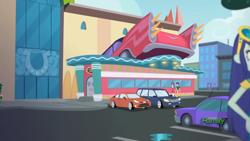 Size: 1366x768 | Tagged: safe, screencap, blueberry cake, indigo wreath, velvet sky, coinky-dink world, eqg summertime shorts, equestria girls, 1950's, 50's, architecture, background human, building, canterlot city, car, diner, road, sweet snacks cafe