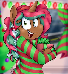 Size: 3000x3295 | Tagged: safe, artist:befishproductions, oc, oc only, oc:peppermint, anthro, unicorn, clothes, female, high res, mare, present, solo, sweater