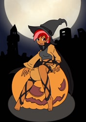 Size: 850x1200 | Tagged: safe, artist:linedraweer, oc, oc only, oc:collar bound, equestria girls, equestria girls-ified, full moon, graveyard, halloween, halloween costume, hat, holiday, jack-o-lantern, moon, pumpkin, sitting, solo, witch, witch hat