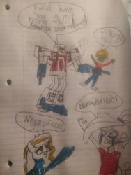 Size: 966x1288 | Tagged: safe, artist:dwayneflyer, oc, oc only, oc:cupcake slash, oc:ilovekimpossiblealot, oc:northbridge, lined paper, starscream, traditional art, transformers