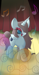 Size: 700x1360 | Tagged: safe, artist:snakeythingy, oc, oc only, oc:storm serenade, alicorn, pony, alicorn oc, fanfic, fanfic art, looking at you, mind control, mist, music notes, request, slit eyes, stage, stage light, story included, swirly eyes, theater