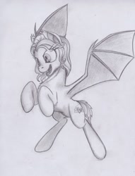 Size: 1605x2096 | Tagged: safe, artist:scribblepwn3, oc, oc only, oc:sunset glow, bat pony, flying, monochrome, pencil drawing, solo, traditional art