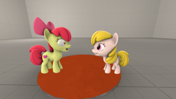 Size: 1920x1080 | Tagged: safe, artist:wiimeiser, apple bloom, oc, oc:puppysmiles, earth pony, pony, fallout equestria, fallout equestria: pink eyes, 3d, blank flank, cutie mark, fanfic, fanfic art, female, filly, foal, grin, hooves, open mouth, palette swap, recolor, shocked, smiling, source filmmaker, teeth, wip