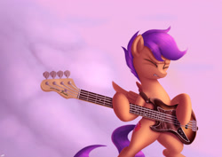 Size: 3508x2480 | Tagged: dead source, safe, artist:jeki, scootaloo, pegasus, pony, abstract background, bass guitar, bipedal, electric guitar, eyes closed, female, filly, guitar, left handed, musical instrument, scootabass, solo