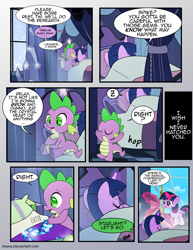 Size: 1275x1650 | Tagged: safe, artist:dsana, spike, twilight sparkle, twilight sparkle (alicorn), alicorn, dragon, pony, comic:the shadow shard, bed, book, canterlot, comic, crystal, dark magic, dream, female, filly, filly twilight sparkle, magic, magic aura, male, sleeping, younger, z