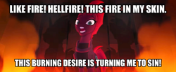 Size: 600x248 | Tagged: safe, edit, edited screencap, screencap, tempest shadow, my little pony: the movie, eye scar, hellfire, hunchback of notre dame, image macro, meme, scar, song reference, the making of my little pony movie, youtube link