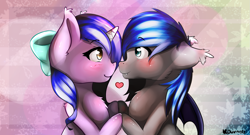 Size: 1453x785 | Tagged: safe, artist:kourma, oc, oc only, oc:avici flower, oc:lunar frost, bat pony, unicorn, abstract background, avifrost, bandage, blushing, bow, cute, female, frostinglyladale, looking at each other, male, married couple, shipping, ych result