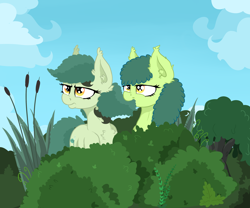 Size: 2606x2172 | Tagged: safe, artist:paskanaakka, derpibooru exclusive, oc, oc only, oc:bittergreen, oc:thistle sprig, earth pony, pony, biting, bush, chest fluff, cloud, duo, ear fluff, female, grumpy, hair bite, mare, plant, sisters, smiling, tree