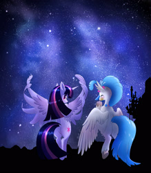 Size: 1400x1600 | Tagged: safe, artist:phoenixperegrine, princess skystar, twilight sparkle, twilight sparkle (alicorn), alicorn, classical hippogriff, hippogriff, pony, semi-anthro, my little pony: the movie, female, looking back, mare, night, starry night, stars