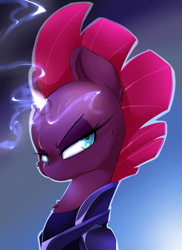 Size: 1954x2678 | Tagged: safe, artist:madacon, tempest shadow, pony, unicorn, my little pony: the movie, broken horn, female, glowing horn, gradient background, looking at you, mare, solo