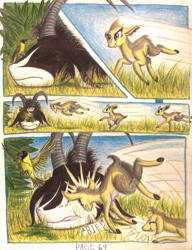 Size: 1056x1372 | Tagged: safe, artist:thefriendlyelephant, oc, oc only, oc:kekere, oc:sabe, antelope, bird, dik dik, giant sable antelope, comic:sable story, africa, animal in mlp form, avian, bush, cloven hooves, comic, flop, grass, hair, horns, speed lines, traditional art, unconscious, wings, yellow weaver bird