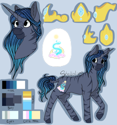 Size: 1506x1619 | Tagged: safe, artist:absolutecactus, oc, oc only, oc:stellaluna, hybrid, zebra, zebracorn, zony, armor reference, concept art, cutie mark guide, gardener, gradient mane, magical lesbian spawn, offspring, parent:princess luna, parent:zecora, parents:lunacora, reference sheet, royalty, solo, witch doctor, zebra oc