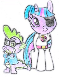 Size: 986x1299 | Tagged: safe, artist:grapefruitface1, spike, twilight sparkle, dragon, 80s, clothes, crossover, danger mouse, drawing, eyepatch, penfold, secret agent, spy, suit