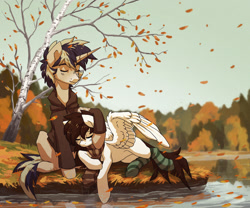 Size: 1931x1610 | Tagged: safe, artist:koviry, oc, oc only, oc:aurora, oc:silurian trace, pegasus, pony, unicorn, autumn, clothes, commission, female, male, mare, relaxing, scarf, scenery, socks, stallion, striped socks, tree, water