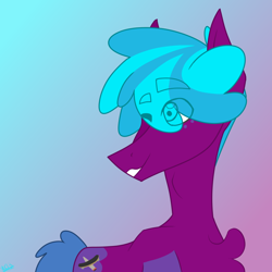 Size: 844x844 | Tagged: safe, artist:moonakart13, artist:moonaknight13, oc, oc only, earth pony, pony, coat markings, freckles, gradient background, one eye closed, wink