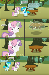 Size: 4552x7001 | Tagged: safe, artist:cyanlightning, sweetie belle, oc, oc:cyan lightning, pony, unicorn, comic:cyan's adventure, .svg available, absurd resolution, apple, apple tree, blushing, colt, comic, female, filly, food, magic, male, rule 63, table, tree, vector