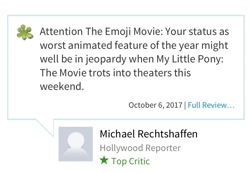 Size: 773x535 | Tagged: safe, my little pony: the movie, attention horse, clickbait, drama, drama bait, hollywood reporter, michael rechtshaffen, movie drama, review, rotten tomatoes, seems legit, text, the emoji movie