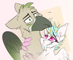 Size: 2545x2108 | Tagged: safe, artist:ralek, oc, oc only, oc:passel, oc:ralek, griffon, hippogriff, original species, ..., abstract background, fangs, size difference, talons