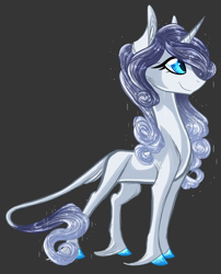 Size: 1290x1600 | Tagged: safe, artist:australian-senior, oc, oc only, oc:almeyda invictus, alicorn, pony, unicorn, alternate universe, colored hooves, gray background, kirindos, leonine tail, magical lesbian spawn, next generation, offspring, parent:rarity, parent:twilight sparkle, parents:rarilight, simple background, solo, unshorn fetlocks