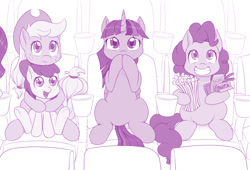 Size: 1176x800 | Tagged: safe, artist:dstears, apple bloom, applejack, pinkie pie, twilight sparkle, twilight sparkle (alicorn), alicorn, earth pony, pony, cinema, cowboy hat, female, food, hat, mare, monochrome, popcorn, sisters, starry eyes, wingding eyes