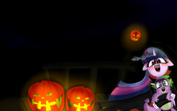 Size: 2560x1600 | Tagged: safe, artist:zouyugi, spike, twilight sparkle, dragon, vampire, bridge, clothes, costume, female, floppy ears, halloween, holiday, jack-o-lantern, lamp, male, pumpkin