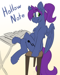 Size: 3168x3918 | Tagged: safe, artist:ralek, oc, oc only, oc:hollownote, pegasus, pony, bench, gradient background, looking back, ponytail, solo, xylophone