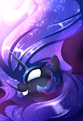 Size: 1795x2625 | Tagged: safe, artist:madacon, nightmare moon, pony, color porn, crying, female, helmet, long mane, mare, smiling, solo