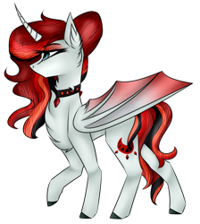 Size: 799x892 | Tagged: safe, artist:apocalypticaether, oc, oc only, oc:scarred moon, alicorn, pony, bat wings, curved horn, female, mare, raised hoof, simple background, solo, transparent background