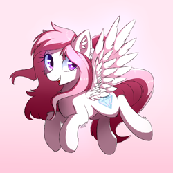 Size: 2000x2000 | Tagged: safe, artist:morningbullet, oc, oc only, pegasus, pony, ear fluff, female, flying, gradient background, mare, open mouth, pink background, pink mane, purple eyes, signature, smiling, solo, white coat