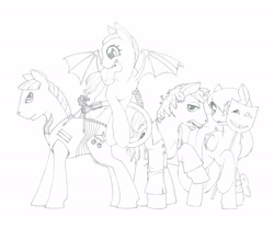 Size: 6000x5000 | Tagged: safe, artist:daisy, bat pony, pony, absurd resolution, clothes, cyberpunk, frank zappa, group shot, monochrome, ponified, rpg, traditional art, weapon