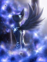 Size: 1875x2500 | Tagged: safe, artist:shad0w-galaxy, nightmare moon, alicorn, pony, alternate design, chest fluff, ethereal mane, female, galaxy mane, looking at you, mare, solo, spread wings, wings