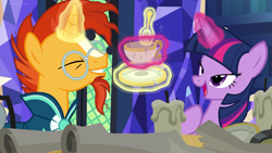 Size: 1920x1080 | Tagged: safe, screencap, sunburst, twilight sparkle, twilight sparkle (alicorn), alicorn, uncommon bond, cup, magic, spoon, teacup