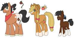 Size: 2913x1512 | Tagged: safe, artist:pharaohkieru, oc, oc only, oc:autumn glory, oc:honeycrisp, oc:roxbury russet, earth pony, pony, bandana, blank flank, blaze (coat marking), bow, coat markings, cowboy hat, cutie mark, female, filly, hair bow, hat, male, mare, offspring, parent:applejack, parent:trouble shoes, parents:troublejack, siblings, socks (coat marking), stallion, stetson, tail bow, trio