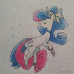 Size: 563x563 | Tagged: safe, artist:pandan009, bon bon, sweetie drops, earth pony, pony, bow, eyes closed, smiling, solo, traditional art