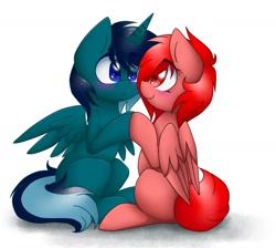 Size: 1598x1435 | Tagged: safe, artist:dollpone, oc, oc only, oc:dashy, oc:penpal, alicorn, pegasus, pony, alicorn oc, blushing, boop, female, looking at each other, male, mare, oc x oc, shipping, sitting, stallion, straight