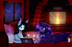 Size: 2424x1572 | Tagged: safe, artist:clefficia, oc, oc only, oc:ender heart, oc:lucy, pegasus, pony, computer, ear piercing, female, fireplace, indoors, laptop computer, looking down, mare, night, piercing, pillow, prone, signature, window