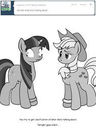 Size: 600x800 | Tagged: safe, artist:dekomaru, applejack, twilight sparkle, earth pony, pony, applestuck, ask, grayscale, monochrome, scrunchy face, tumblr, tumblr:ask twixie