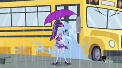 Size: 1920x1080 | Tagged: safe, screencap, sci-twi, twilight sparkle, eqg summertime shorts, equestria girls, monday blues, bus, geode of telekinesis, magical geodes, rain, solo, umbrella