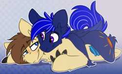 Size: 1912x1167 | Tagged: safe, artist:ralek, oc, oc only, oc:fleet wing, oc:neutrino burst, earth pony, hippogriff, pony, abstract background, cuddling, cute, eye contact, gay, looking at each other, lying down, male, oc x oc, shipping