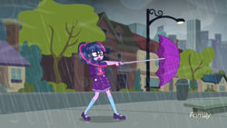 Size: 1920x1080 | Tagged: safe, screencap, sci-twi, twilight sparkle, eqg summertime shorts, equestria girls, monday blues, canterlot city, rain, solo, umbrella, wind