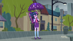 Size: 1920x1080 | Tagged: safe, screencap, sci-twi, twilight sparkle, eqg summertime shorts, equestria girls, monday blues, canterlot city, geode of telekinesis, magical geodes, rain, solo, umbrella, wind