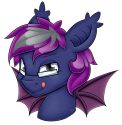 Size: 2963x3037 | Tagged: safe, artist:partylikeanartist, oc, oc only, oc:claren vesper, bat pony, bat pony oc, bust, glasses, high res, portrait, simple background, smug, solo, tongue out, transparent background