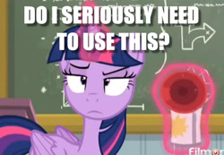 Size: 1442x1000 | Tagged: safe, edit, edited screencap, screencap, twilight sparkle, twilight sparkle (alicorn), alicorn, top bolt, airhorn, chalkboard, image macro, meme, question, solo, unamused