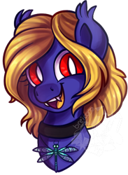 Size: 366x500 | Tagged: safe, artist:breioom, oc, oc only, oc:butter cream, bat pony, dragonfly, bat pony oc, bust, fangs, happy, jewelry, looking at you, pendant, portrait, red eyes, simple background, smiling, solo, transparent background